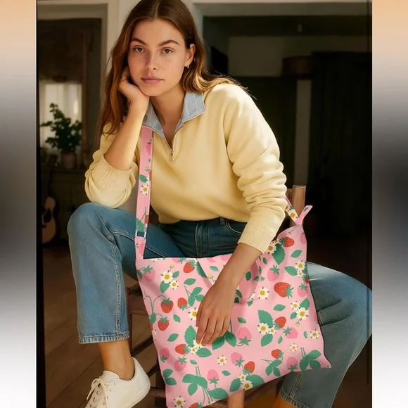 Strawberry Print Large Tote Bag - Picture 3 of 6